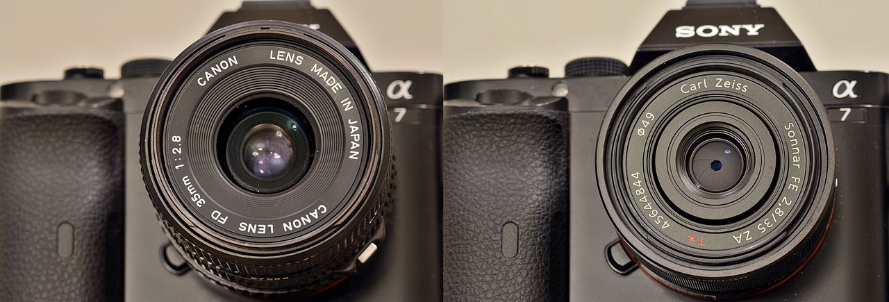 Z lewej: Sony A7 + Canon New FD 35 mm f/2,8; z prawej: Sony A7 + Sony Zeiss Sonnar T* FE 35 mm f/2,8 ZA