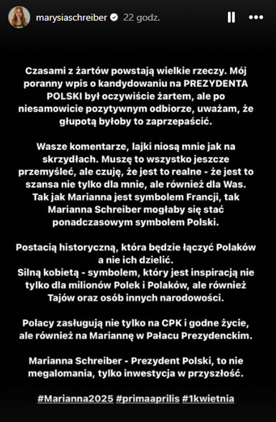 Marianna Schreiber chce kandydować na prezydenta?