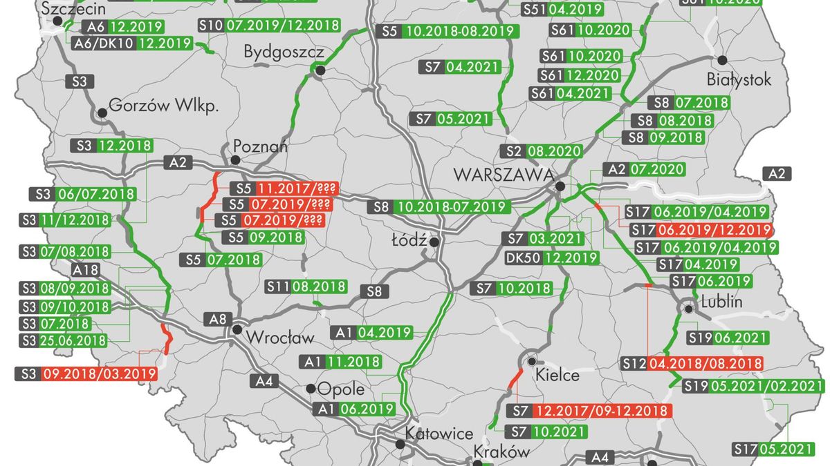 Mapa inwestycji drogowych w Polsce w większości jest na zielono. Ale to nie zasługa budowlańców, a dalekich terminów oddania dróg
