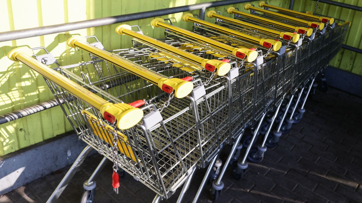 Shopping trolleys are seen near a supermarket in Warsaw, Poland on March 14, 2024. (Photo by Jakub Porzycki/NurPhoto via Getty Images)