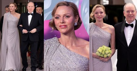UŚMIECHNIĘTA księżna Charlene olśniewa na balu w Monako w kreacji z odkrytym ramieniem i mężem u boku (ZDJĘCIA)