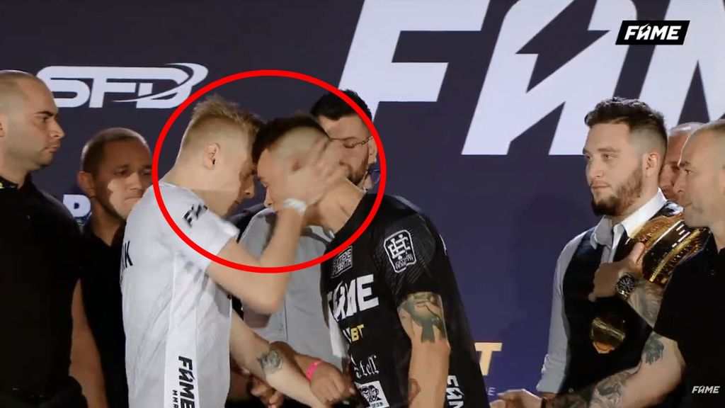 Zdjęcie okładkowe artykułu: YouTube / Fame MMA / Tomasz Olejnik uderza w twarz Dawida Malczyńskiego podczas ważenia przed galą Fame MMA 5