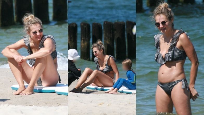 Małgorzata Socha dokazuje z dziećmi na plaży w Chałupach