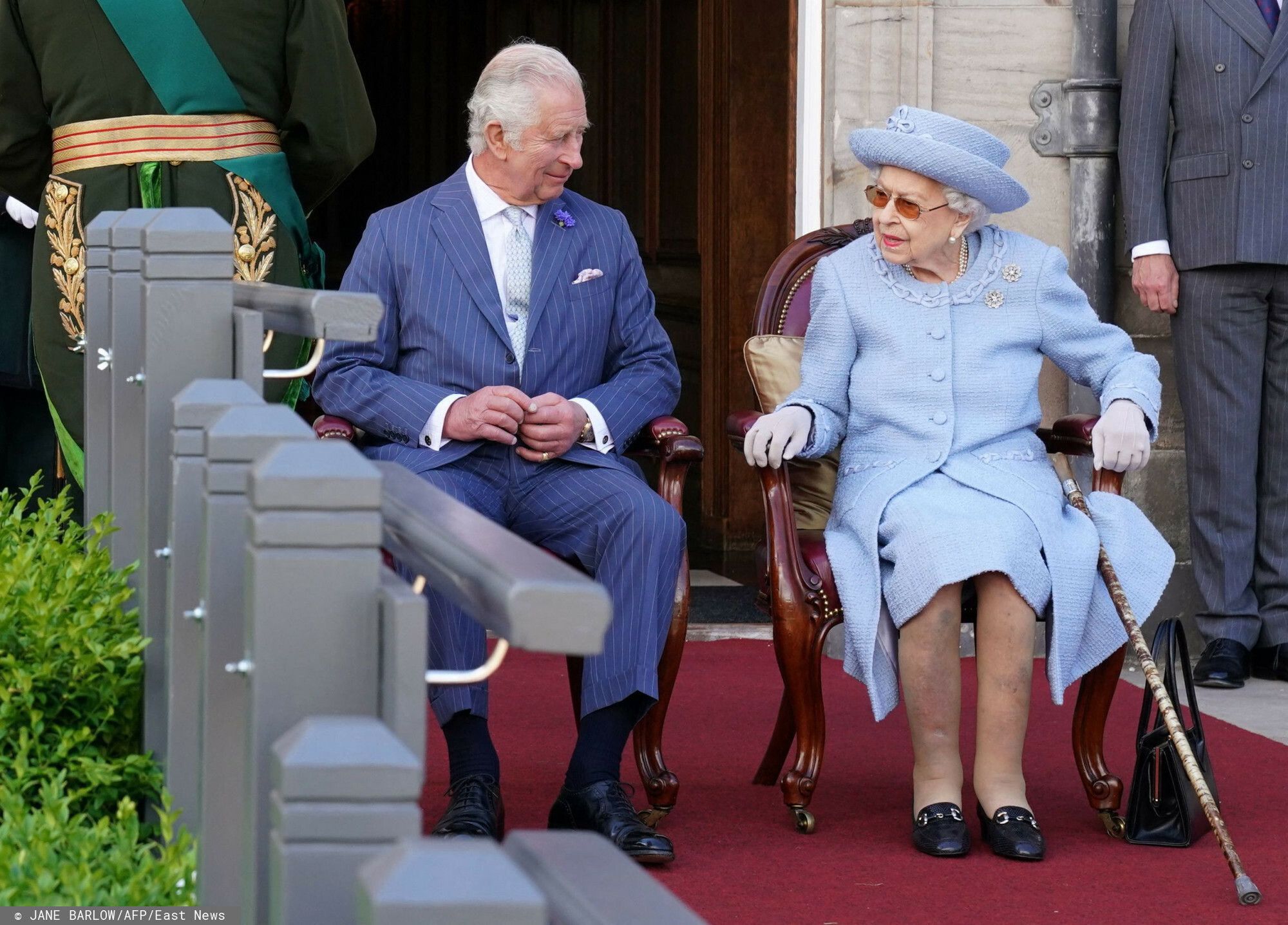 Temporary
Britain's Prince Charles, Prince of Wales, known as the Duke of Rothesay when in Scotland and Britain's Queen Elizabeth II attend the Queen's Body Guard for Scotland (also known as the Royal Company of Archers) Reddendo Parade in the gardens of the Palace of Holyroodhouse in Edinburgh on June 30, 2022. (Photo by Jane Barlow / POOL / AFP)
JANE BARLOW