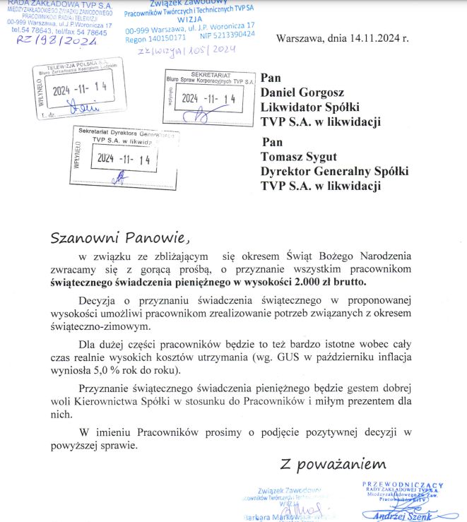 Wniosek związku o dodatek 2 tys. zł dla każdego pracownika TVP