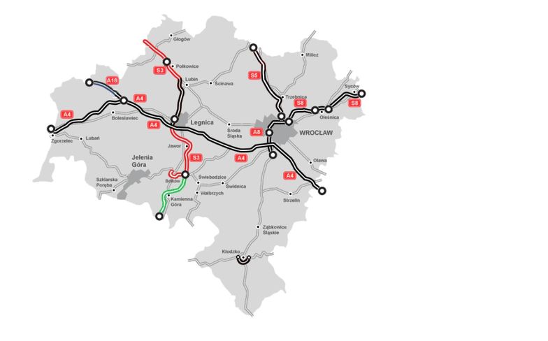 Jedną z najważniejszych inwestycji jest dokończenie budowy S3. Na jej końcowy odcnek do granicy z Czechami (na zielono) jeszcze nie rozstrzygnięto przetargu