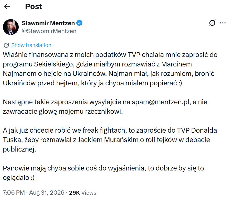 Sławomir Mentzen kontra Marcin Najman i TVP