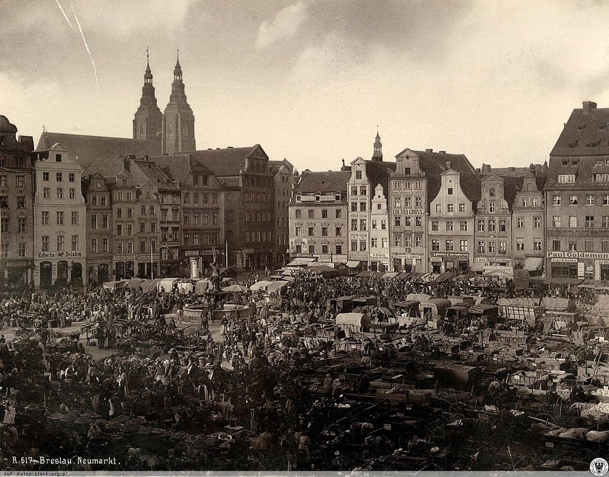 kartka pocztowa przedstawiająca Neue Market w Breslau, późniejszy wrocławski Nowy Targ