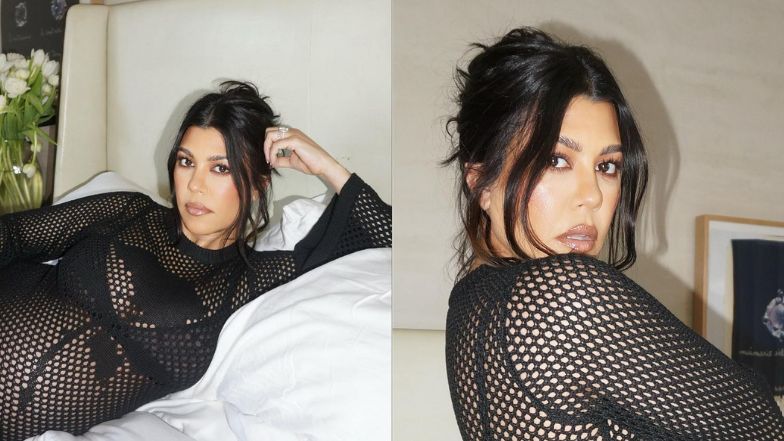 Kourtney Kardashian odsłania ciążowe kształty w siateczkowym kostiumie. Poród już niebawem! (ZDJĘCIA)