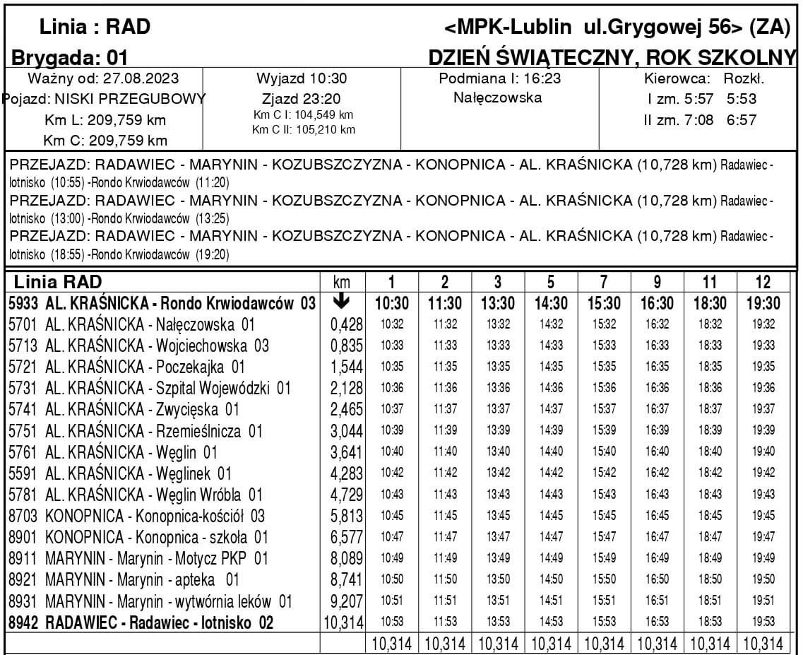Rozkład linii RAD Lublin - Radawiec 2023