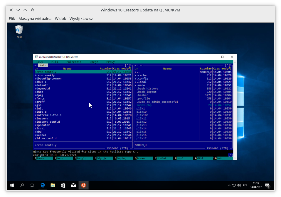 We need to go deeper: Midnight Commander uruchomiony w Podsystemie Windows dla systemu Linux działającego w Windows 10 Creators Update uruchomionego pod kontrolą hiperwizora KVM na Linuksie (Manjaro)