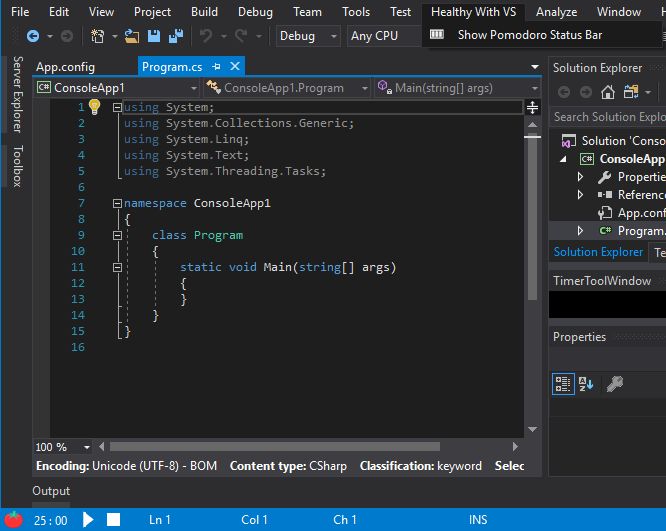 Własny dodatek Timer Pomodoro na pasku statusu Visual Studio