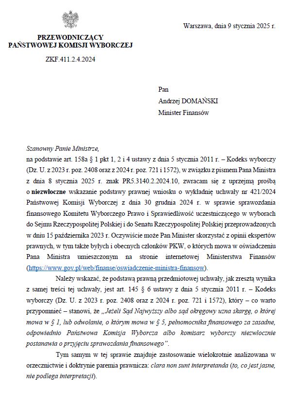 Pismo przewodniczącego PKW do ministra finansów