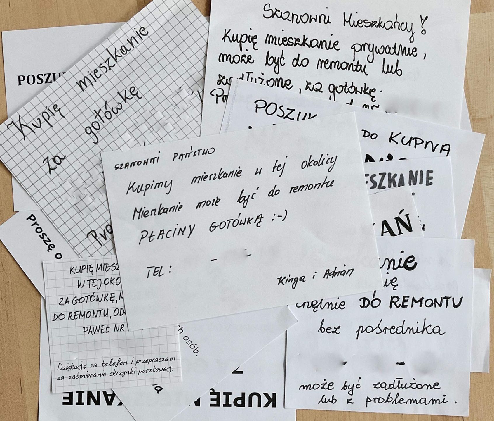 Przykładowe ulotki zostawiane przez nieuczciwych fliperów