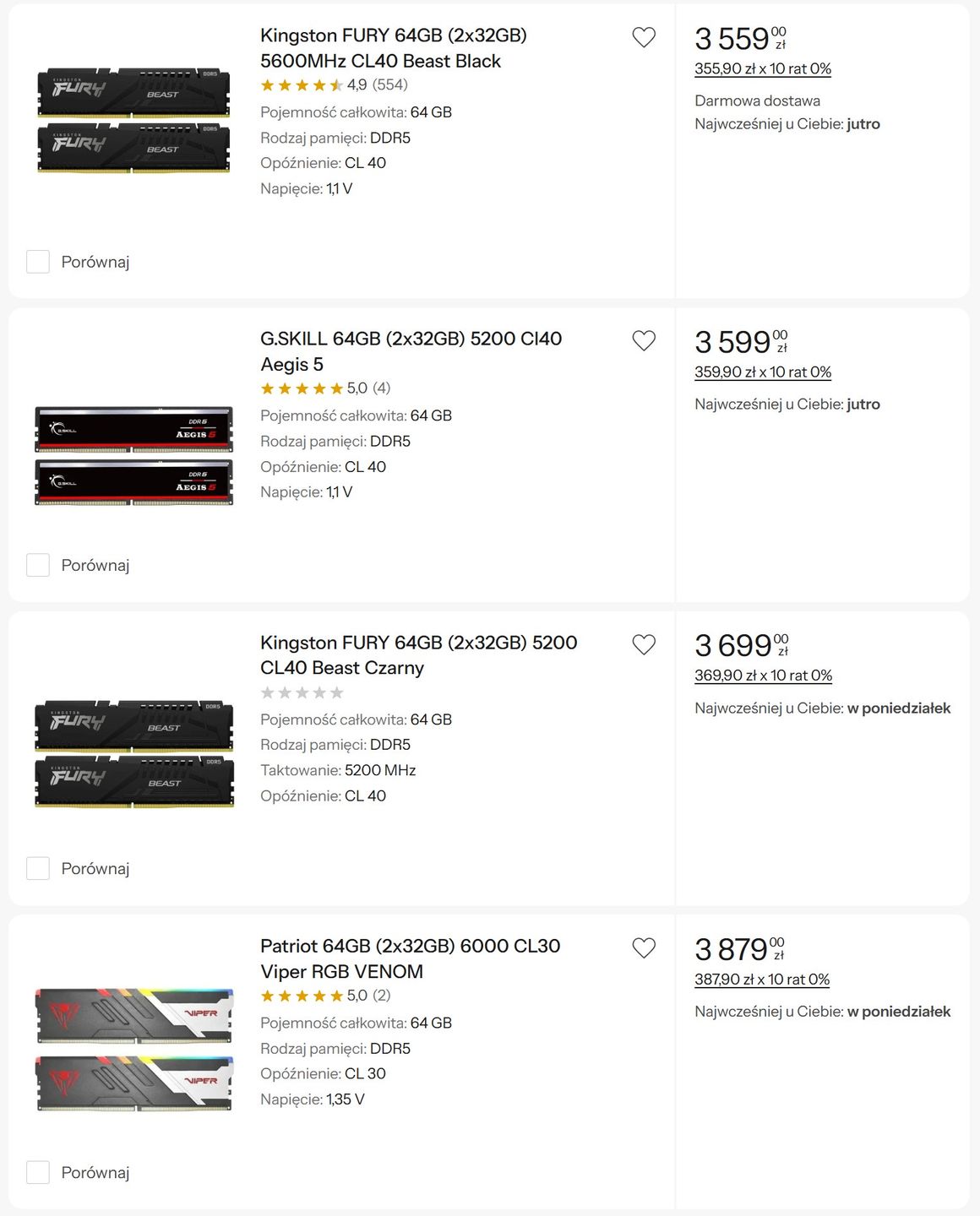 Ceny zestawów pamięci RAM o pojemności 64 GB zaczynają się