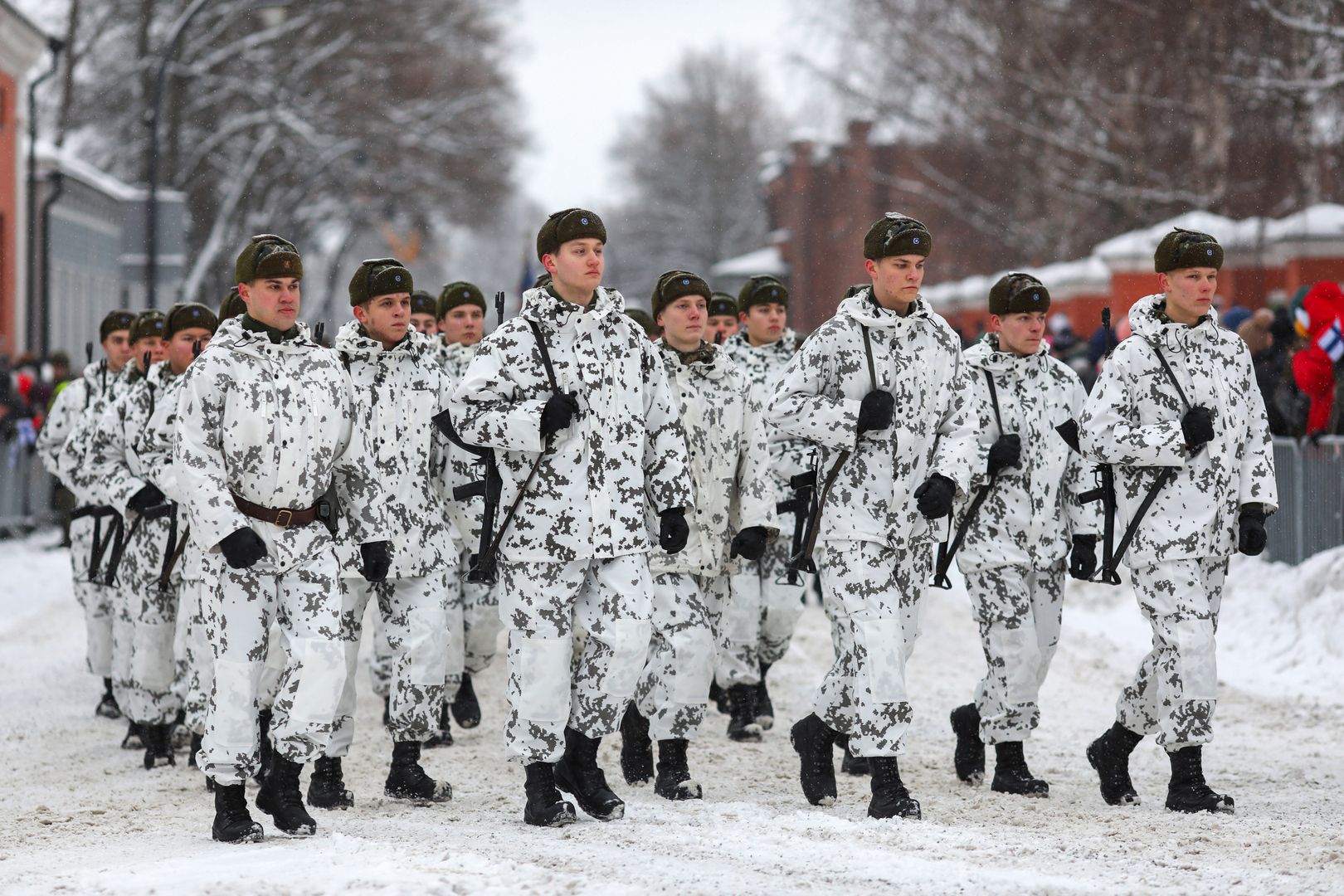 HAMINA, FINLAND - 2022/12/06: Soldiers of the Finnish Armed Forces are seen marching during the Independence Day parade in Hamina city. The Finnish Defence Forces celebrated the 105th Independence Day of Finland with a national parade on 6 December 2022 in Hamina. The theme of the parade is "Security will be done together". (Photo by Takimoto Marina/SOPA Images/LightRocket via Getty Images)