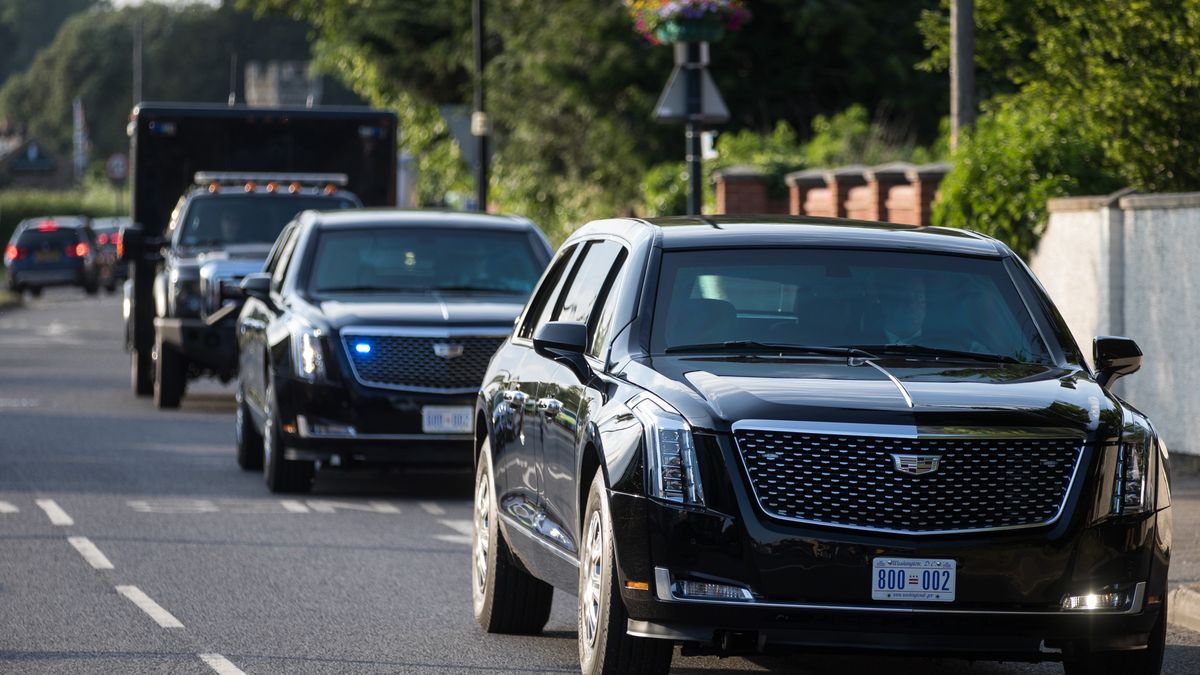 A cavalcade of vehicles led by the two Cadillacs known as the Beast leaves Windsor Castle following President Biden's visit on 13th June 2021 in Windsor, United Kingdom. President Biden and First Lady Jill Biden were welcomed by the Queen at Windsor Castle following the G7 summit with a Guard of Honour followed by afternoon tea. (photo by Mark Kerrison/In Pictures via Getty Images)