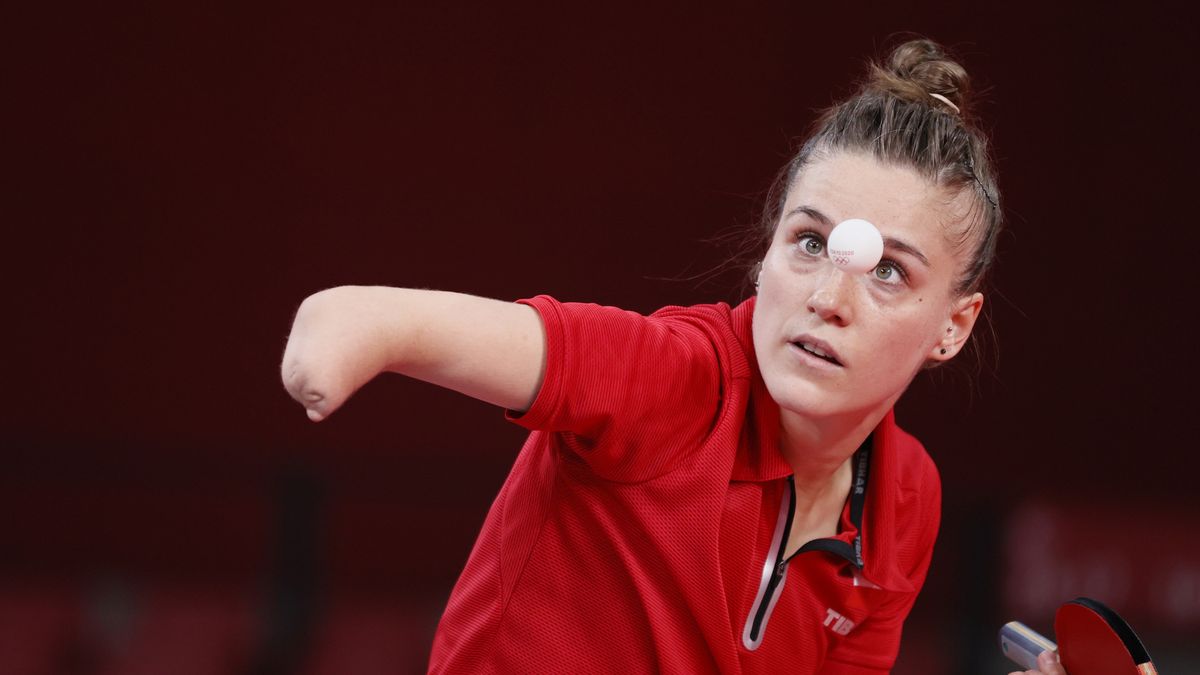 TOKYO, JAPAN - JULY 25: Natalia Partyka of Team Poland in action during her Women's Singles Round 2 match on day two of the Tokyo 2020 Olympic Games at Tokyo Metropolitan Gymnasium on July 25, 2021 in Tokyo, Japan. (Photo by Steph Chambers/Getty Images)