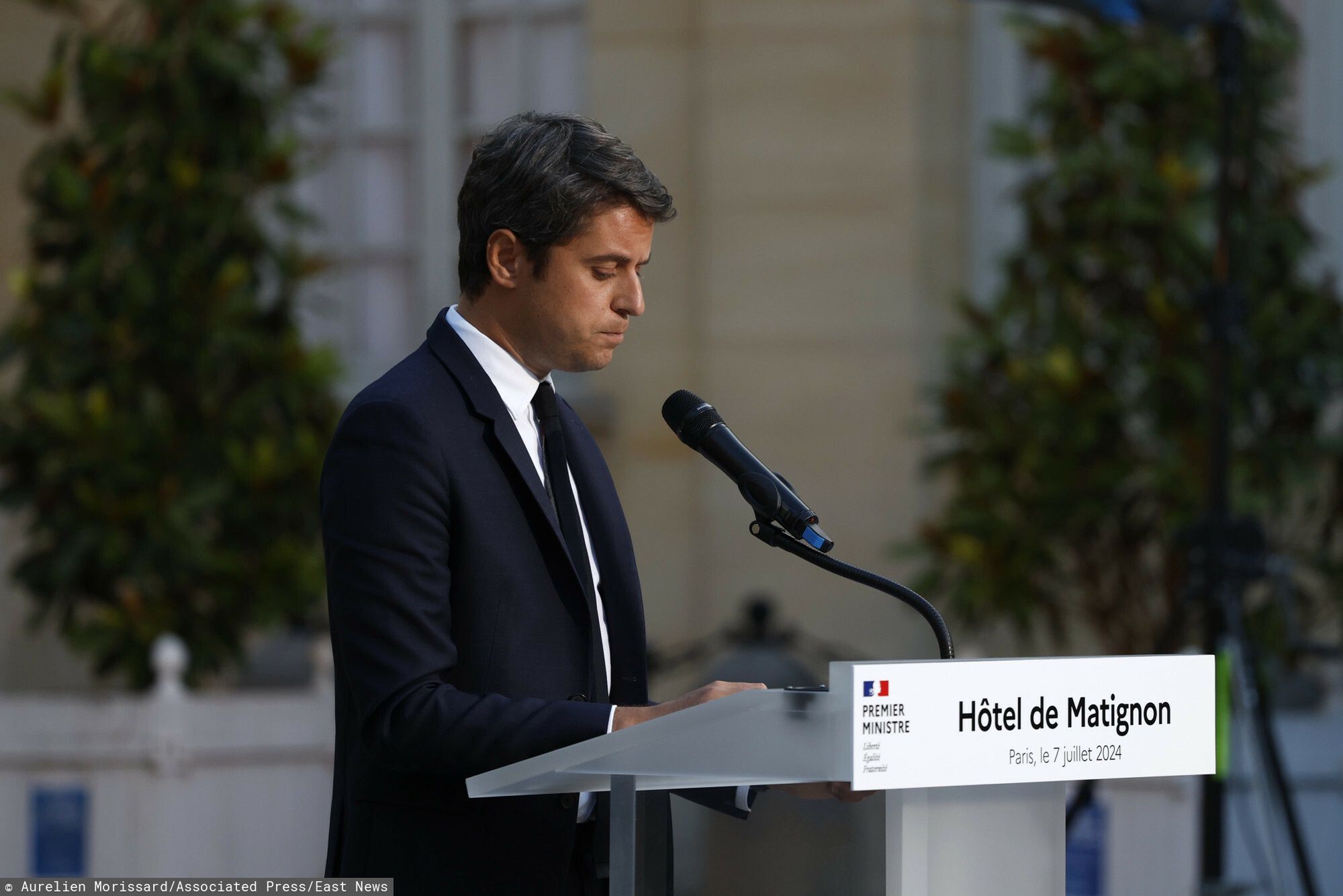 Temporary
French Prime Minister Gabriel Attal delivers a speech after the second round of the legislative elections, Sunday, July 7, 2024 in Paris. A coalition of the French left that quickly banded together to beat a surging far right in legislative elections won the most seats in parliament but not a majority, according to polling projections Sunday, a stunning outcome that threatens to plunge the country into political and economic turmoil. (AP Photo/Aurelien Morissard)
Aurelien Morissard