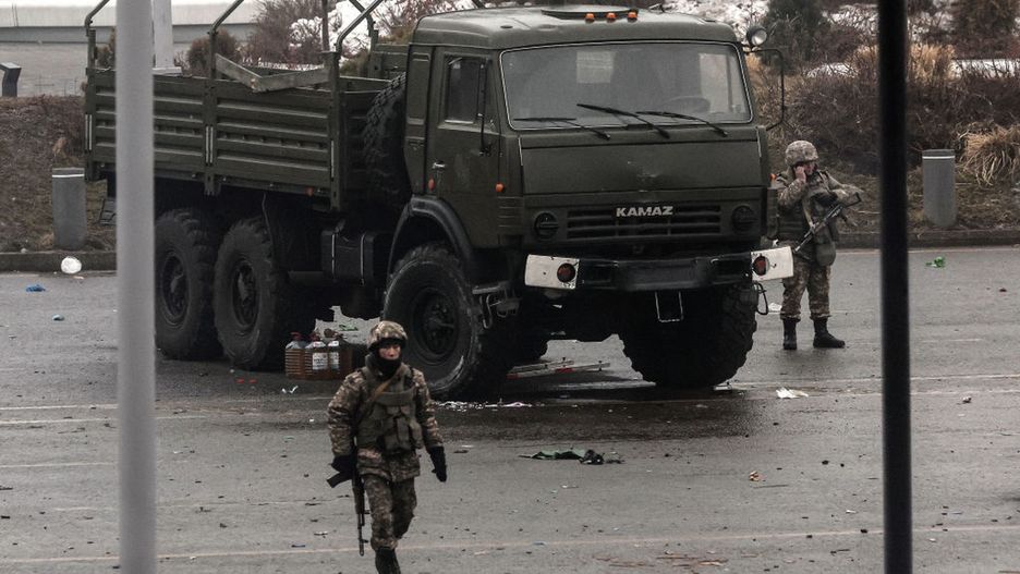 Almaty, Kazakhstan, in the aftermath of turmoilALMATY, KAZAKHSTAN - JANUARY 7, 2022: Servicemen are seen in Republic Square after a counterterrorist operation. Protests sparked by rising fuel prices, started in the towns of Zhanaozen and Aktau in western Kazakhstan on January 2 and spread rapidly across the country. On January 5, President Tokayev dismissed the government and declared a 2 week state of emergency in the Mangistau and Almaty regions, as well as in the cities of Almaty and Nur-Sultan. Valery Sharifulin/TASS (Photo by Valery Sharifulin\TASS via Getty Images)Valery Sharifulinprotests, unrest, turmoil, kazakh, vehicle