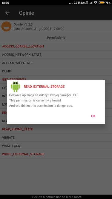 Na czerowono oznaczone są uprawnienia uznawane za niebezpieczne