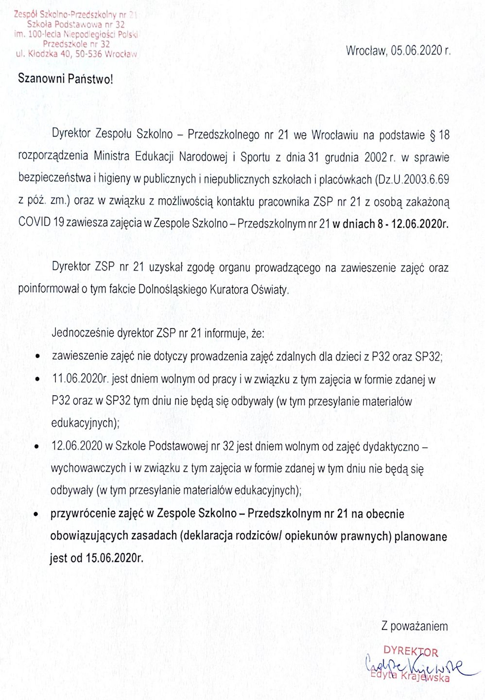 pismo dyrekcji szkoły ZSP 21