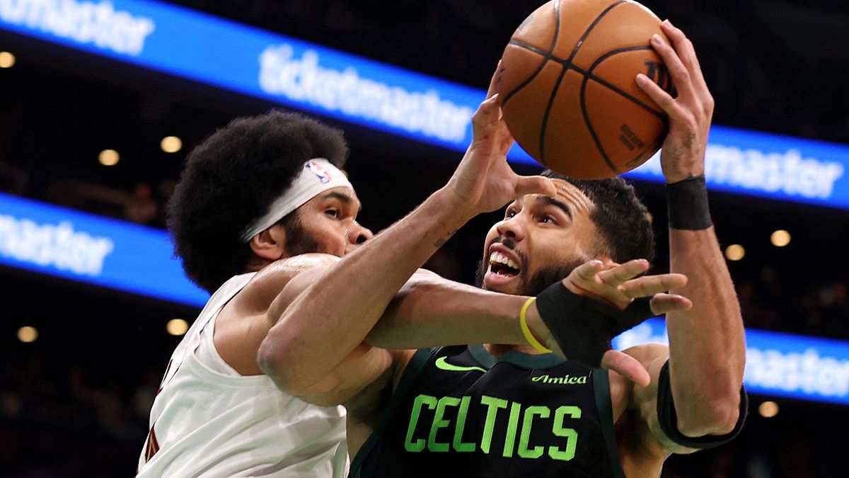 BOSTON, MASSACHUSETTS - FEBRUARY 28: Jarrett Allen #31 of the Cleveland Cavaliers fouls Jayson Tatum #0 of the Boston Celtics during the first quarter at TD Garden on February 28, 2025 in Boston, Massachusetts. NOTE TO USER: User expressly acknowledges and agrees that, by downloading and or using this photograph, User is consenting to the terms and conditions of the Getty Images License Agreement.  (Photo by Maddie Meyer/Getty Images)