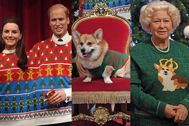 Figury woskowe brytyjskiej rodziny królewskiej... w kiczowatych, świątecznych sweterkach! (FOTO)