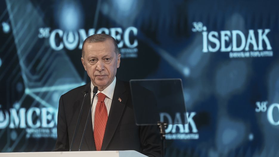 ISTANBUL, TURKIYE- NOVEMBER 28: President of Türkiye, Recep Tayyip Erdoğan speaks at The 38th Ministerial Session of the COMCEC on November 28, 2022 in İstanbul, Türkiye. (Photo by Ozan Güzelce/ dia images via Getty Images)