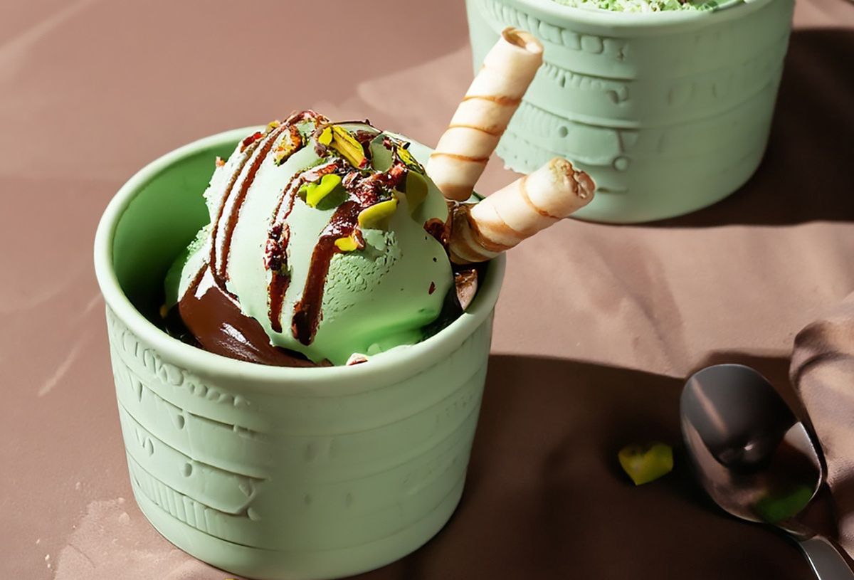 Pistachio ice cream topped with chocolate