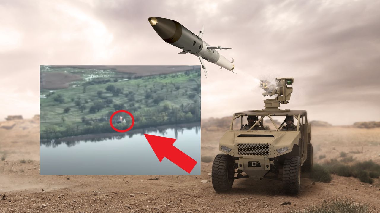Grafika koncepcyjna ilustrująca pojazd naziemny wystrzeliwujący rakietę APKWS.