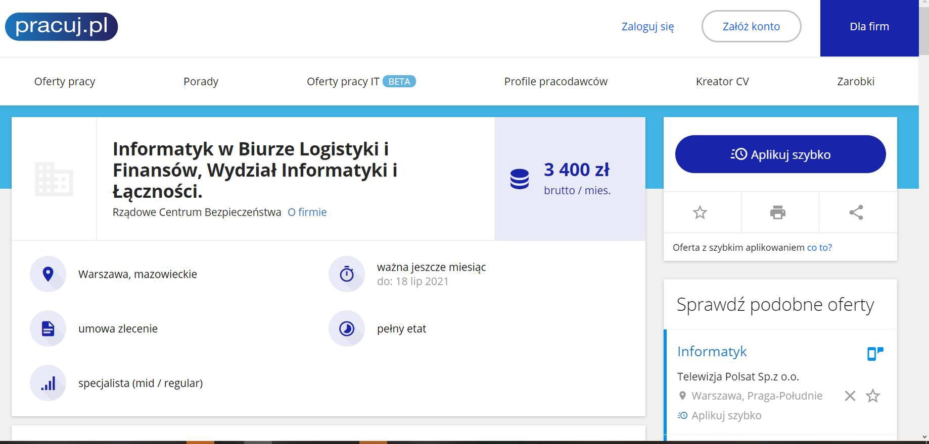 Pierwotna oferta CRB na portalu z ogłoszeniami