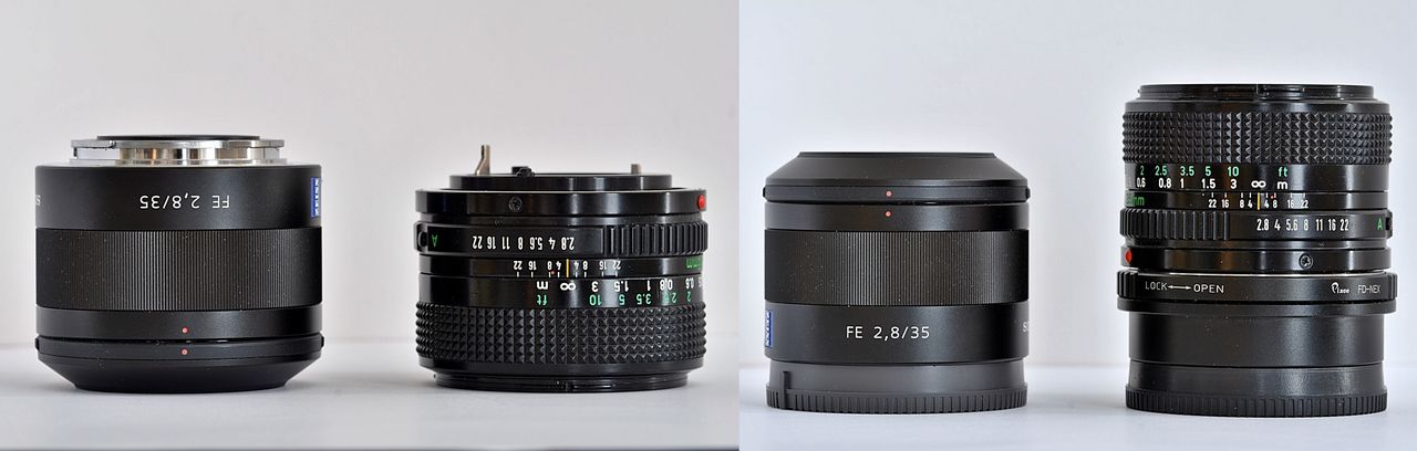 Porównanie rozmiarów obiektywów. Z lewej strony Canon bez adaptera, z prawej z adapterem.