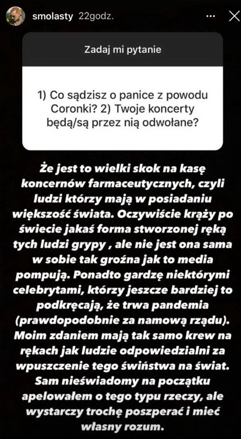 "Obudzony" Smolasty chwali się swoim koronasceptycyzmem