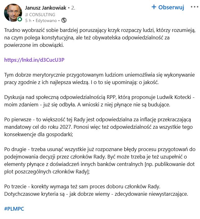 "Trudno wyobrazić sobie bardziej poruszający krzyk rozpaczy" - pisze Janusz Jankowiak o wypowiedziach członków RPP w wywiadzie dla money.pl