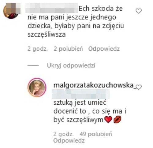 Małgorzata Kożuchowska odpowiada na komentarz na temat drugiego dziecka