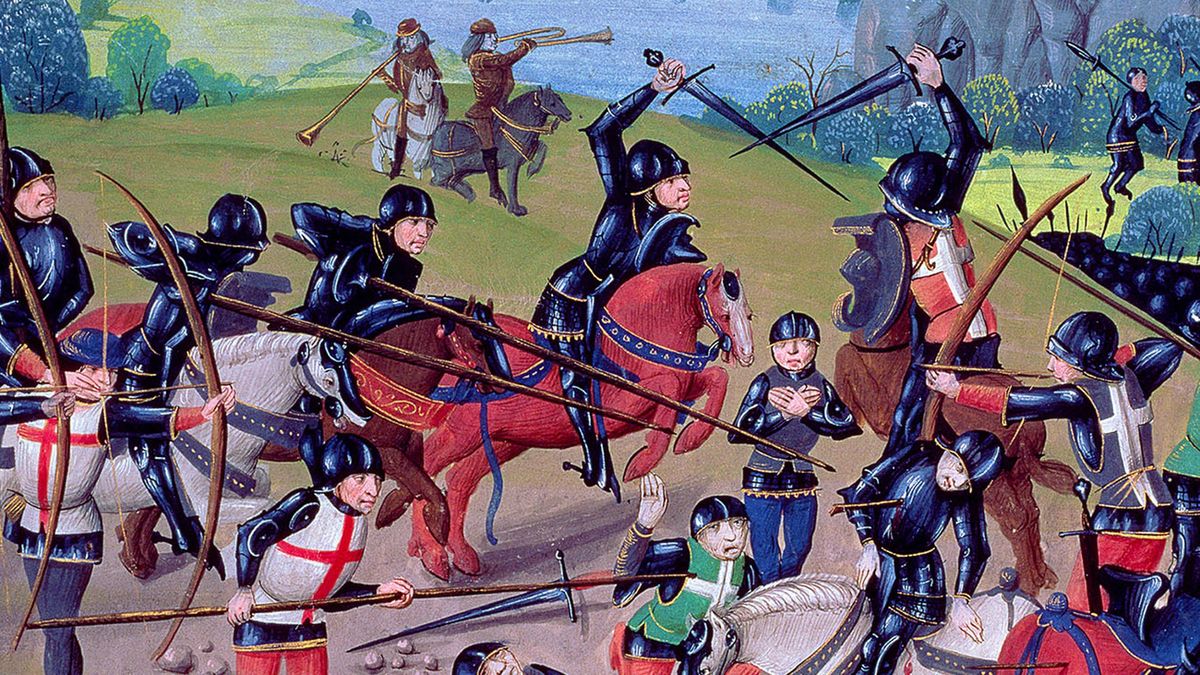 Ms 6 f.243 Battle of Agincourt, 1415, English with Flemish illuminations, from the 'St. Alban's Chronicle' (vellum)libraries, notes, ownership, palaces, schools, copyright, arts,