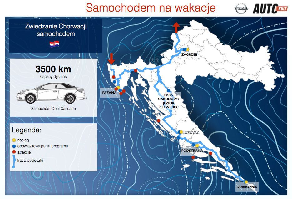 Plan podróży przez Chorwację - Fazana, Lozovac, Dubrovnik, Podstrana, Zagrzeb (miasta noclegowe zaznaczone na żółto).