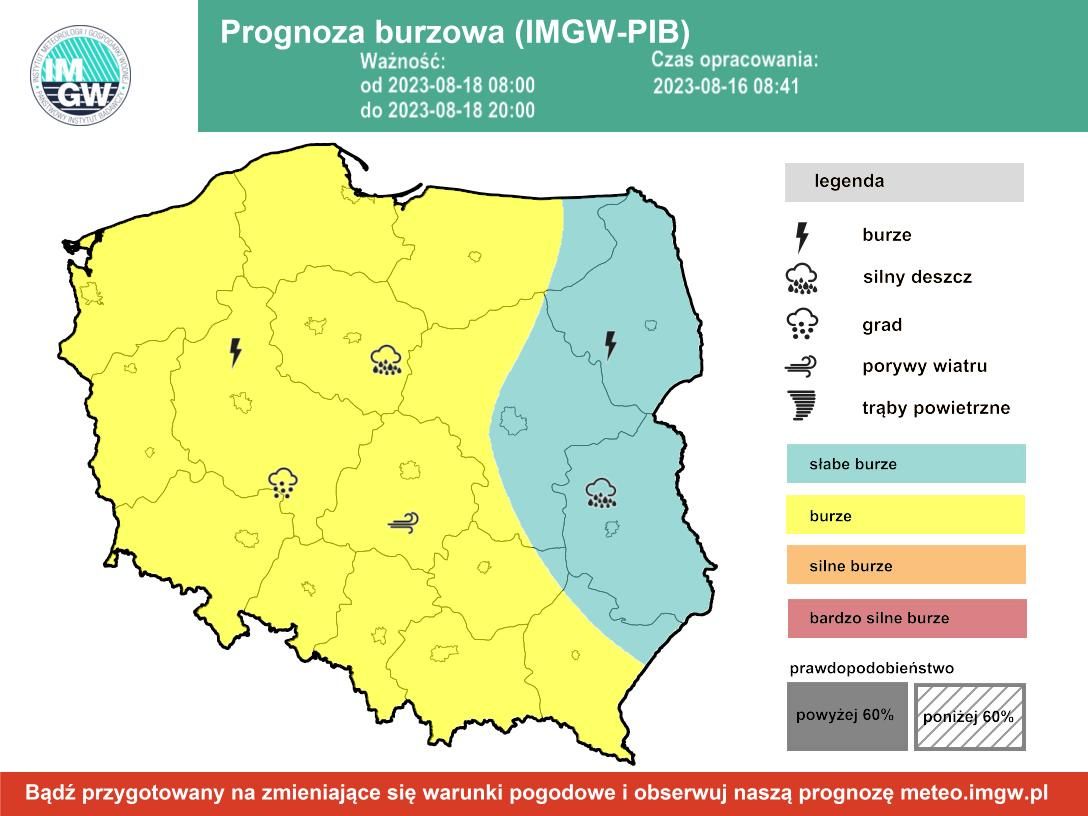 Prognoza burzowa IMGW na piątek, 18 sierpnia