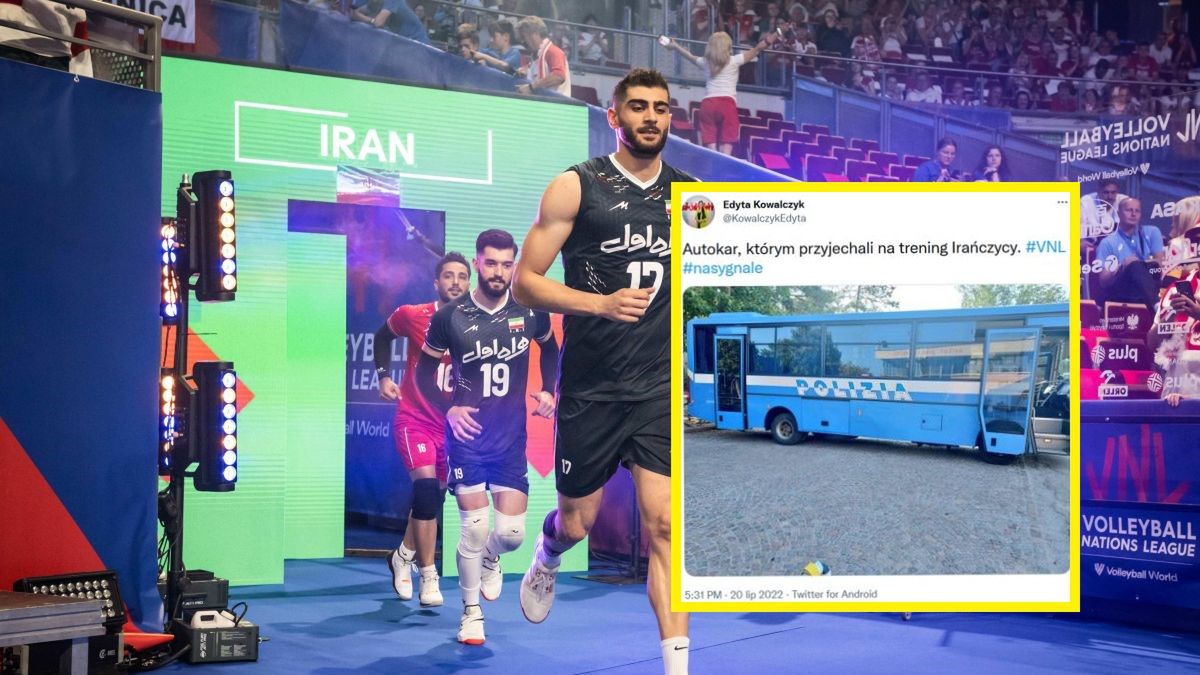 Zdjęcie okładkowe artykułu: Materiały prasowe / FIVB / twitter.com/KowalczykEdyta / Na zdjęciu: reprezentacja Iranu w siatkówce, na małym zdjęciu: autokar, jakim Irańczycy podróżowali na trening