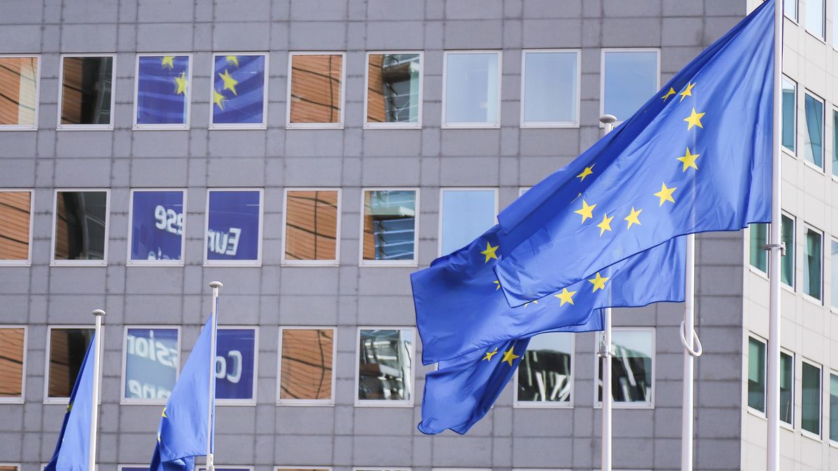 Flags of Europe or European Flag is the symbol of Council of Europe Coe and The European Union EU as seen in the Belgian capital Brussels in front of modern architecture high buildings with glass and steel construction the Le Berlaymont building, European Commission headquarters. October 17, 2019 - Brussels, Belgium (Photo by Nicolas Economou/NurPhoto via Getty Images)