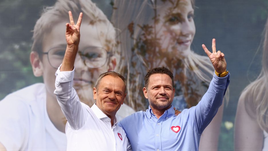 Donald Tusk, the leader of the Civic Platform party (PO) and mayor of Warsaw Rafal Trzaskowski attend 'Million Hearts March' organized by Civic Coalition (KO) in Warsaw, Poland on October 1st, 2023. The largest demonstration in recent years in Poland gathered people to protest against Poland's conservative government two weeks ahead of a general election. (Photo by Beata Zawrzel/NurPhoto via Getty Images)