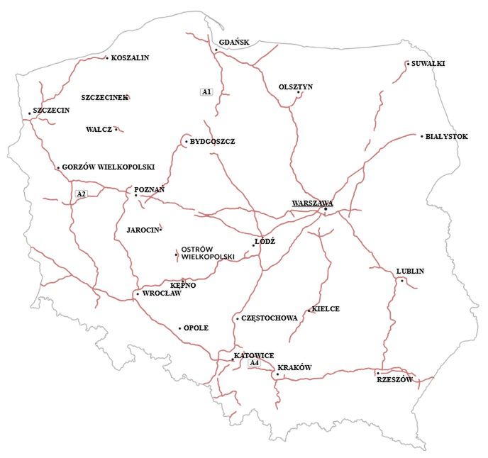 Obecna sieć dróg objętych opłatami w systemie e-TOLL