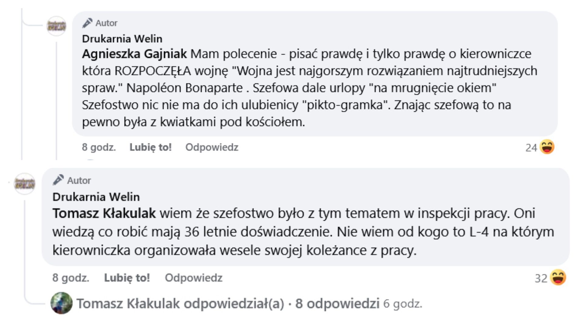 Drukarnia Welin zarzuciła pracownicy, że wzięła lewe L4. 