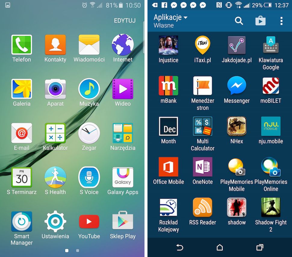 Galaxy S6 (TouchWiz) i One M9 (Sense) - siatka aplikacji