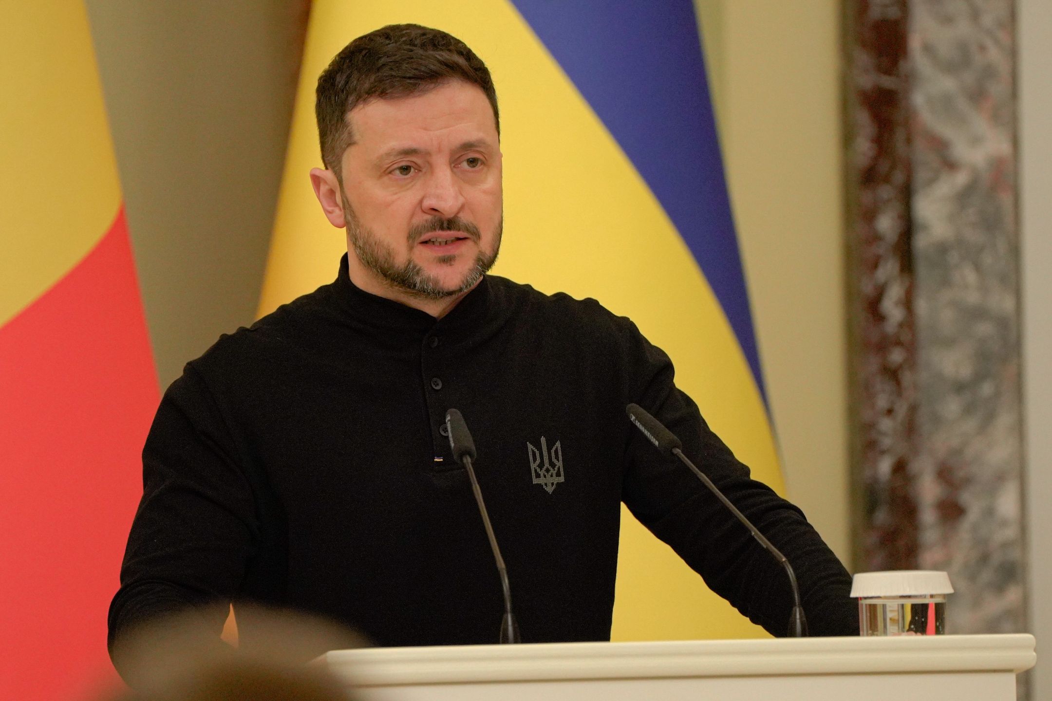 KYIV, UKRAINE - APRIL 8: Ukrainian President Volodymyr Zelenskyy speaks during a press conference on April 8, 2025 in Kyiv, Ukraine. Before the joint press conference, Ukrainian President Volodymyr Zelenskyy and Belgian Prime Minister Bart De Wever took part in a memorial ceremony honoring the fallen Ukrainian soldiers. (Photo by Ihor Kuznietsov/Novyny LIVE/Global Images Ukraine via Getty Images)