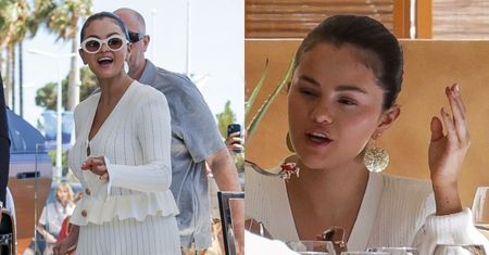 Selena Gomez w sweterkowym komplecie obładowana torbami z zakupami kroczy na obiad (ZDJĘCIA)