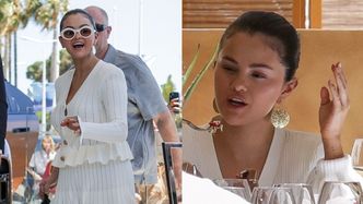 Selena Gomez w sweterkowym komplecie obładowana torbami z zakupami kroczy na obiad (ZDJĘCIA)