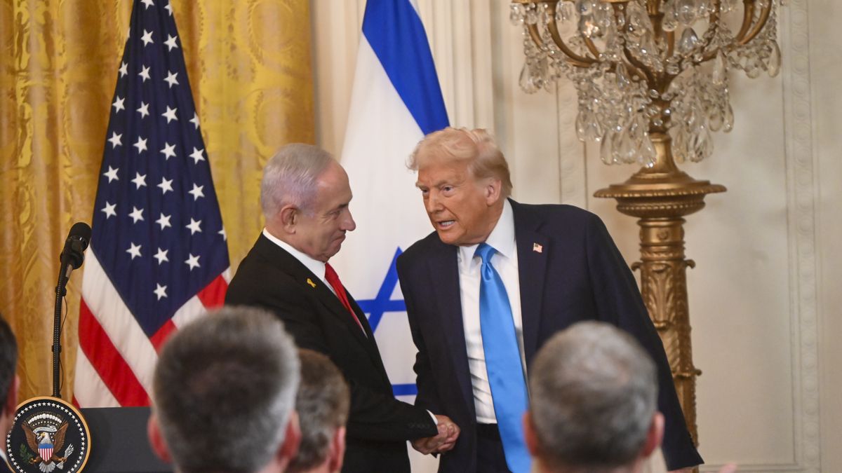 WASHINGTON D.C., UNITED STATES - FEBRUARY 04: United States President Donald Trump (R) and Israeli Prime Minister Benjamin Netanyahu (L) shake hands as they leave following a joint press conference in the East Room at the White House in Washington, D.C., United States on February 04, 2025. (Photo by Kyle Mazza/Anadolu via Getty Images)