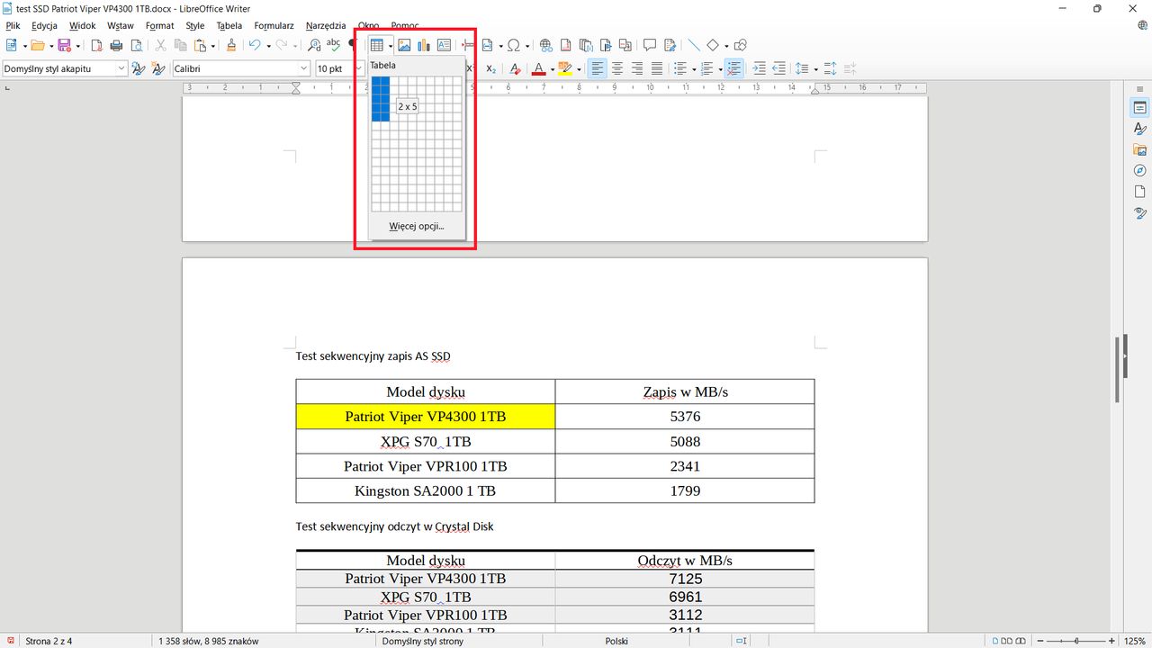 LibreOffice Writer: pasek narzędzi i ikona wstaw tabelę